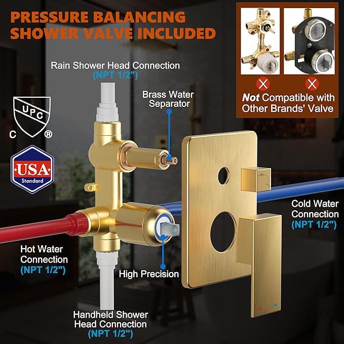 Kurpot Gold Shower System, 10'' Square Rainfall Shower Head with Handheld Combo Spray, Bathroom Brushed Gold Shower Faucet Set with Valve, 59'' Shower Hose, Shower Trim Kit and Diverter, Wall Mounted - ModernBath