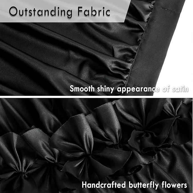 Homechoice Decor Black Ruffle Shower Curtain, Vintage Handcrafted Bow Tie Bath Curtain for Master Bathroom, Ruched Satin Bathroom Curtain with 12 Buttonholes, 72" W x 84" H (LQ-10) - ModernBath