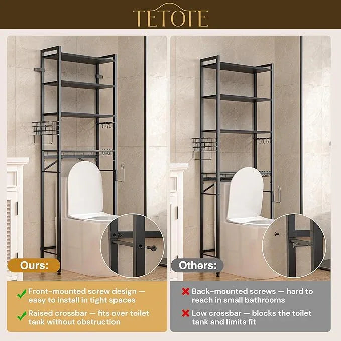 TETOTE Over Toilet Bathroom Organizer, 4-Tier Bathroom Over The Toilet Storage with Adjustable Shelf and Basket, Freestanding Space Saver Bathroom Shelves Above Toilet for Room(Black) - ModernBath