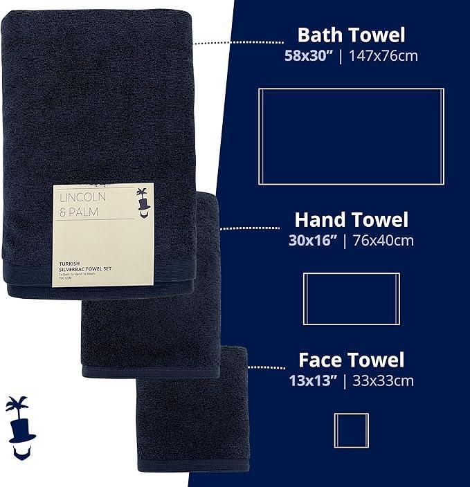 Lincoln & Palm 3 Piece Turkish Towels Set, Thick, Soft, Plush 700 GSM Spa & Hotel Quality, Silver Infused SILVERbac | Bath 58x30, Hand 30x16, Face Wash Cloth 13x13 (Navy, 3 Piece Towel Set) - ModernBath