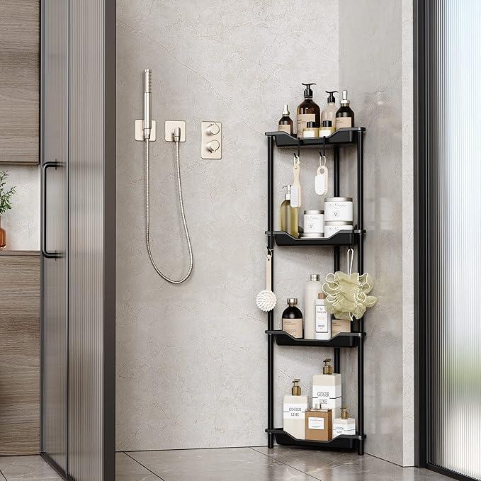 Orimade Rustproof 4 Tier Floor Standing Corner Shower Caddy Organizer, Plastic Metal Splicing Floor Corner Shelf Rack Storage Stands for Bathroom,10.8 x 10.8 x 44.6 inches, Black - ModernBath