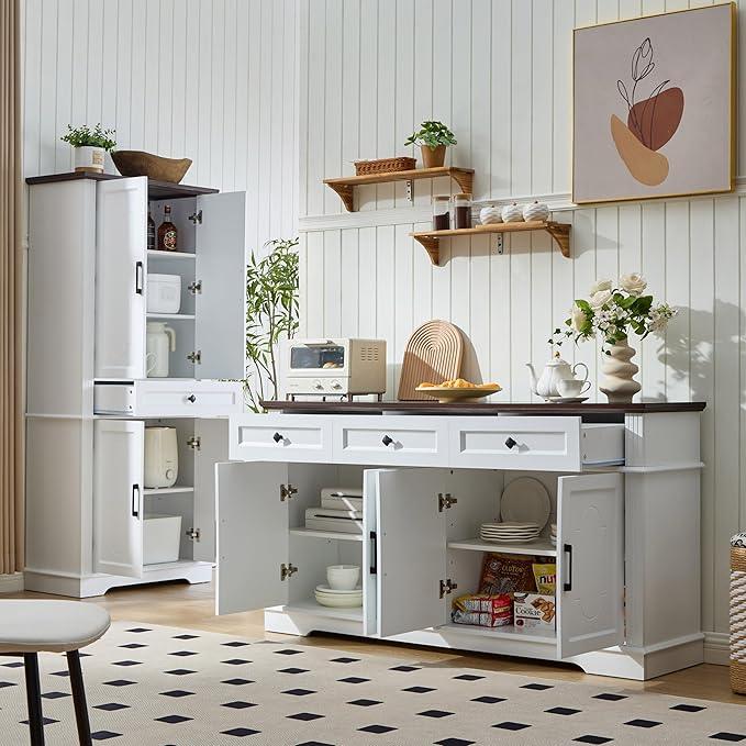 63" White Buffet Sideboard Cabinet with 4 Doors and 3 Drawers, Modern Farmhouse Kitchen Storage Cabinet, Coffee Bar Cabinet with Adjustable Shelves, Living Room Storage, Dining Room - ModernBath