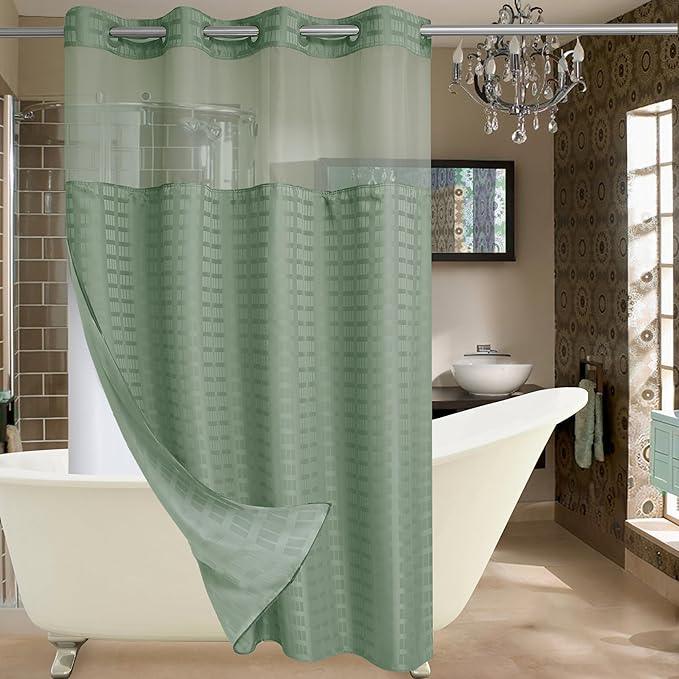 Conbo Mio Stall No Hook Sage Green Shower Curtain with Snap in Liner Set, Hotel Luxury Shower Curtains for Bathroom with See Through Top Window, Waterproof, Washable 54W x 74H - ModernBath