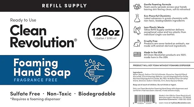Clean Revolution Foaming Hand Soap Refill Supply, Gentle, Moisturizing & Eco-Friendly, Ready to Use Formula, Gluten Free, Unscented, Fragrance Free, 128 Fl Oz - ModernBath
