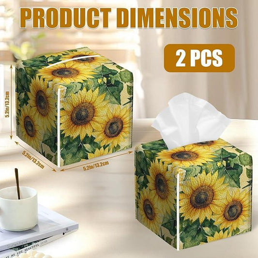 Watercolor Sunflower Tissue Box Cover 2PCS, Leather Tissue Box Holder Square Facial Paper Case Tissue Box Cube Organizer for Bathroom Bedroom Desk Office - ModernBath