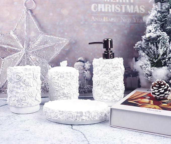 Hymmah Bathroom Accessories Set,Rose Design Bathroom Set,Farmhouse Bathroom Decor,4 Pcs Resin Gift Set Apartment Necessities, Contain Cotton Swab Jar,Soap Dispenser,Soap Dish,Tumbler White - ModernBath