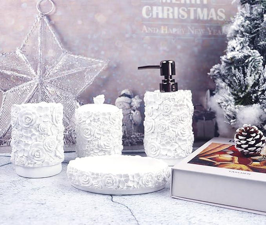 Hymmah Bathroom Accessories Set,Rose Design Bathroom Set,Farmhouse Bathroom Decor,4 Pcs Resin Gift Set Apartment Necessities, Contain Cotton Swab Jar,Soap Dispenser,Soap Dish,Tumbler White - ModernBath
