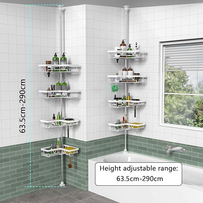 KEGII Corner Shower Caddy Tension Pole - 4-Tier Rustproof Bathroom Organizer, Floor to Ceiling Shower Caddy 25-114.2 inch, No Drilling Shower Storage Rack for Shampoo, Towels (Matte White) - ModernBath