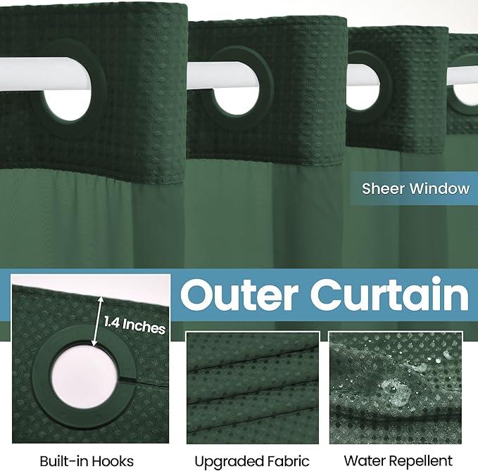 EUTXL Dark Green Shower Curtain and Liner Set - 230GSM Waffle Weave Textured Heavy Duty,Hotel Luxury Weighted Bath Curtain,71W x 74H - ModernBath
