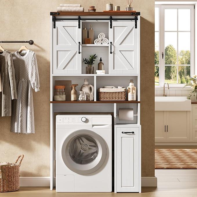Farmhouse Over The Toilet Storage Cabinet with Pulley, Slide Barn Doors Bathroom Storage Cabinet, Space Saver W/Adjustable Shelf & Open Shelf for Bathroom, Restroom, Laundry (White Brown-Type A) - ModernBath