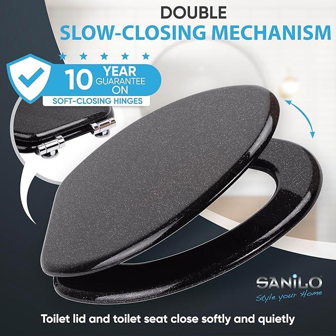 SANILO Wooden Toilet Seat with Soft Close [ELONGATED] - Decorative, Quiet & Slow Close Molded Wood Seat - With Strong Bumpers & Hinges - Adjustable Fit - Glittering Black - ModernBath