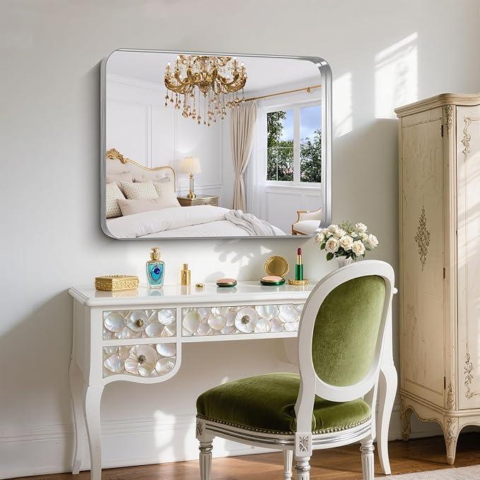 FORBATH 30x36 Inch Bathroom Mirror, Brushed Silver Deep Frame Wall Mirror with Rounded Corners, Anti-Rust Tempered Glass for Modern Farmhouse Vanity (Horizontal/Vertical Hanging) - ModernBath