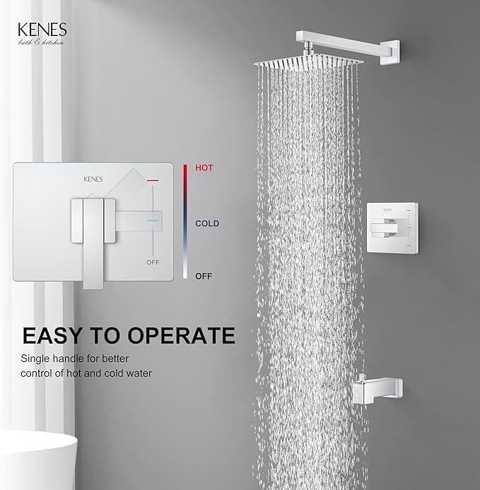 KENES Polished Chrome Tub and Shower Trim Kit, Tub Shower Faucet Set Complete with 10-Inch Rainfall Shower Head and Tub Spout, KE-6024A-5 (Shower Valve Included) - ModernBath