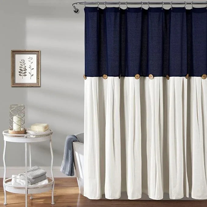 Lush Decor Linen Button Shower Curtain, 72" W x 72" L, Navy & Off White - Navy Blue Shower Curtain Fabric - Bathroom Curtain - Farmhouse Bathroom Decor - ModernBath
