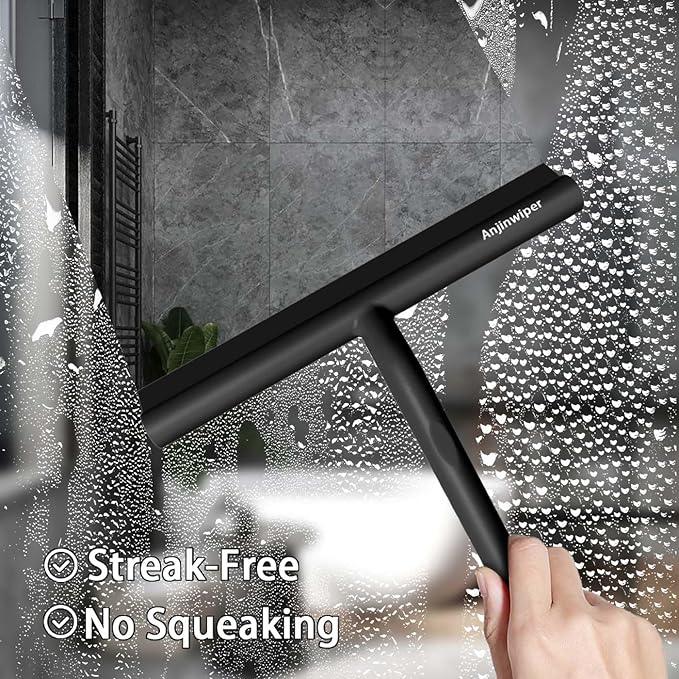 Anjinwiper All-Purpose Shower Squeegee for Glass Doors, Shower Door Squeegee with Hook, Silicone Squeegee for Bathroom, Shower Doors, Mirrors, Tiles(Black) - ModernBath