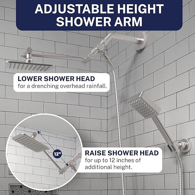 HammerHead® Solid Metal Dual Shower Head Combo — 8" Square Rain Shower Head with Handheld, 12" Adjustable Arm & Wall-Mount Holder for Flexible Installation — Brushed Nickel - ModernBath