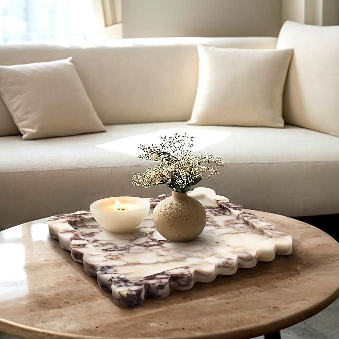 YMXYJM Genuine Calacatta Viola Scalloped Marble Tray, Real Natural Marble Stone Tray, Luxury Decorative Trays for Bathroom, Dresser, Vanity, Kitchen, Home Decor, 10.6" x 8", Calacatta Viola Purple - ModernBath