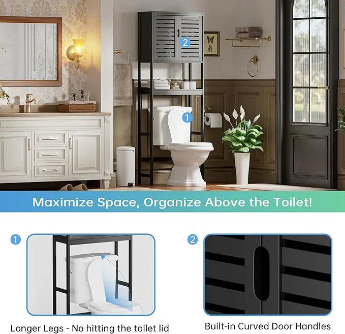 SMIBUY Bathroom Over The Toilet Storage Cabinet, 2 Door Bamboo Cabinet Organizer, Freestanding Space Saver Toilet Rack with Adjustable Inside Shelf and Open Shelf (Black) - ModernBath
