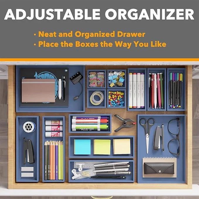 SpaceAid 14-Piece Bamboo Drawer Organizer Storage Boxes Set, Wood Tray Junk Drawer Organizers Multi-Use Divider Bins for Kitchen, Bathroom, Office Desk and Makeup Organization (14 Pack, Navy Blue) - ModernBath