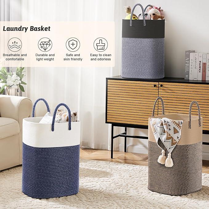 Laundry Basket,Woven Cotton Rope Laundry Hamper,Versatile Storage for Dirty Clothes,Baby Toys,and Blankets in Bathroom, Nursery,and Living Room (Blue, 80L) - ModernBath