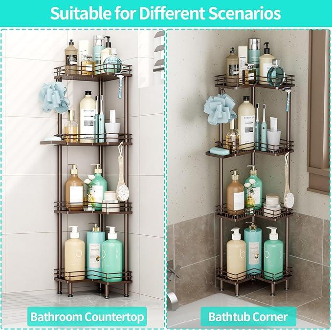 HapiRm Corner Shower Caddy Organizer - 4 Tier Shower Shelf Corner with Soap Holder, Rustproof Bathroom Standing Organizer with 4 Hooks, Bronze - ModernBath