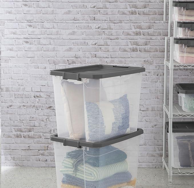 108-Quart Clear Plastic Stackable Storage Tote with Latching Lid, Textured Grip, Flat Grey Lid,Heavy Duty Stackable Storage Bins, – Closet, Bathroom, Office Organizer - ModernBath