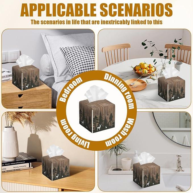Deer Forest Wood Grain Tissue Box Cover 2PCS, Leather Tissue Box Holder Square Facial Paper Case Tissue Box Cube Organizer for Bathroom Bedroom Desk Office - ModernBath