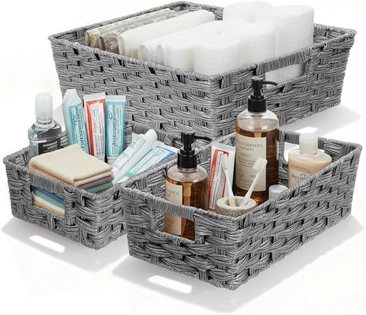 Ferrochef Set of 3 Large Wicker Storage Baskets for Shelves, Wicker Basket for Organizing, Waterproof Woven Baskets for Shelves and Pantry, Toilet, Bathroom, Bedroom, Patio(Gray)