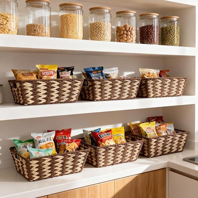 Paper Rope Storage Baskets for Shelves Organizing, Small Hand Woven Wicker Organizer Basket with Handle for Bathroom Toilet Paper Storage, Beige and Brown, 3-Pack - ModernBath