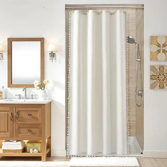 Nanspring Stall Natural Boho Linen Shower Curtain 48 Inches Neutral French Country Curtain for Bathroom Farmhouse Weighted Tassel Shower Curtain Set with Hooks Modern Vintage Style Decor 48x72, Cream - ModernBath