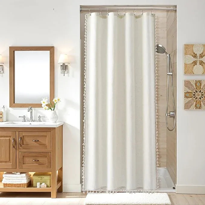 Nanspring Stall Natural Boho Linen Shower Curtain 42 Inch Chic Tassel Narrow Shower Curtain Set with Hooks Modern Bohemian Country Decorative Bath Curtain for RV Camper Bathroom 42x72, Cream - ModernBath