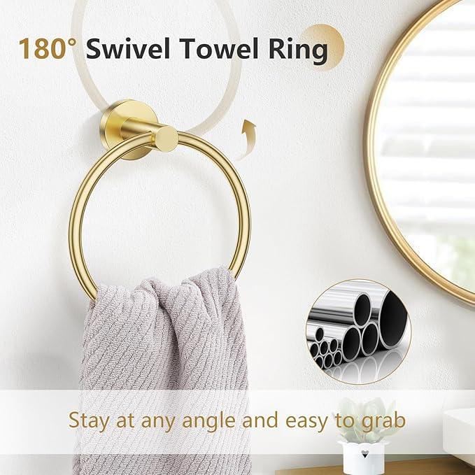 TNOMS 5-Piece Towel Bar Set Brushed Gold Bathroom Hardware Accessories Set Include 23.6in Towel Bar Toilet Paper Holder Towel Ring Towel Hooks Stainless Steel Towel Holder Set Wall Mounted - ModernBath