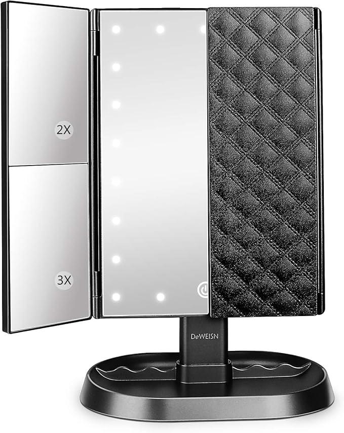 deweisn Trifold Lighted Vanity Makeup Mirror with 21 LEDs Lights,1x/2x/3x Magnification and Touch Screen Dimming,Two Power Supplies Makeup Mirror, Gift for Women - ModernBath