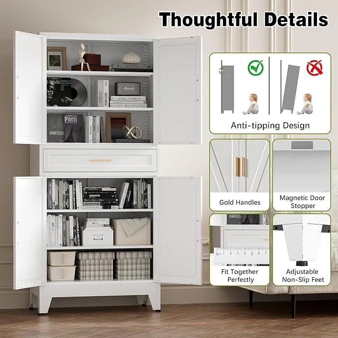 COFaR 71" Tall Kitchen Pantry, Farmhouse Storage Cabinet with Doors and Shelves, Metal Cabinet with Drawers and Legs, for Cupboard/Dining Room/Bathroom/Living Room/Office/Laundry Room (White). - ModernBath