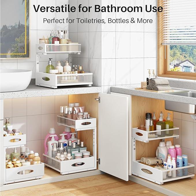 Under Sink Organizer, 2 Pack 2 Tier Pull Out Under Cabinet Organizer Shelf with Pad for Framed Cabinets, Metal Slide Out Under Sink Storage, Mesh Sliding Drawers for Kitchen Bathroom Laundry, White - ModernBath