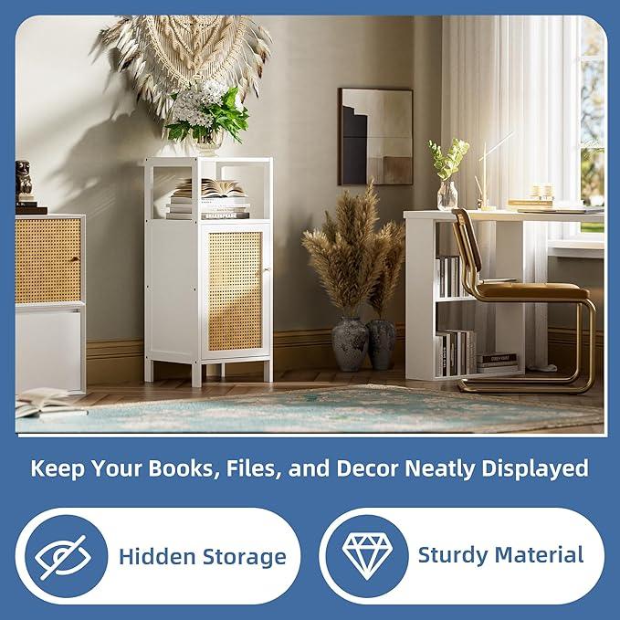 HITNET Bamboo Cabinet, Bathroom Storage Cabinet with Rattan Doors, Narrow Side Storage Organizer Freestanding Floor Cupboard for Small Space, White - ModernBath