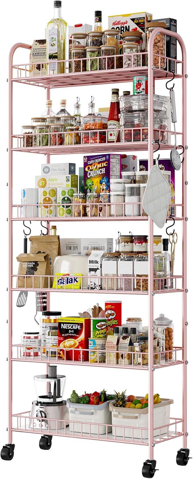 6 Tier Slim Rolling Storage Cart with Wheels, Metal Mobile Shelving Unit Organizer Utility Cart for Office Bathroom Kitchen Laundry Room Narrow Places (Pink 10 Inches) - ModernBath