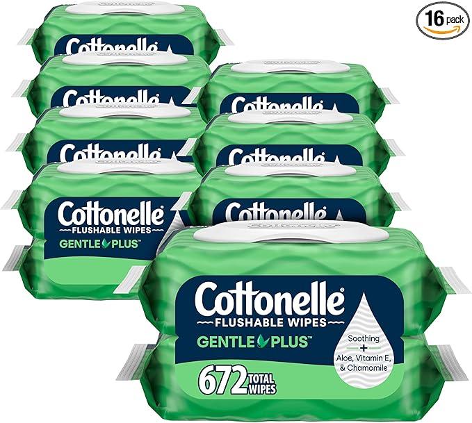 Cottonelle GentlePlus Flushable Wet Wipes with Aloe & Vitamin E, 16 Flip-Top Packs, 42 Wipes Per Pack (672 Total Wipes), Packaging May Vary - ModernBath