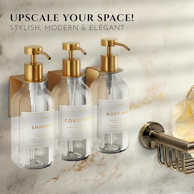 Shampoo & Conditioner Dispenser - Shower Soap Dispenser Wall Mounted - Set of 3 16.9 Oz Plastic Bottles with Pump & Holder - Shampoo Dispenser - Shower Dispenser Chamber No Drill (3 X Clear/Gold) - ModernBath
