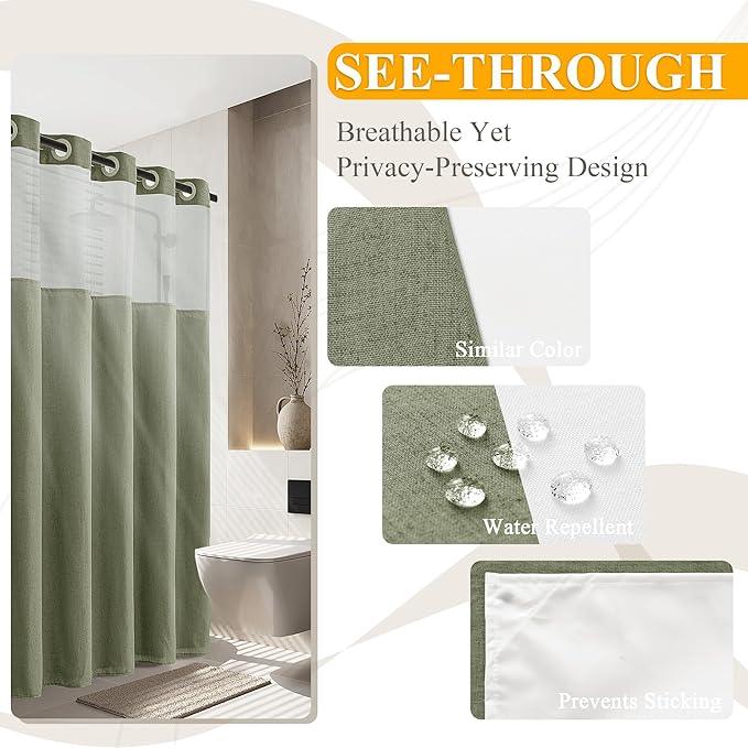 Jowels No Hooks Needed Linen Shower Curtain and Liner Set,Sage Green Hotel Luxury Decor Shower Curtains for Bathroom with See Through Top Window,Water Resistant Fabric,72Wx78L,Sage Green - ModernBath