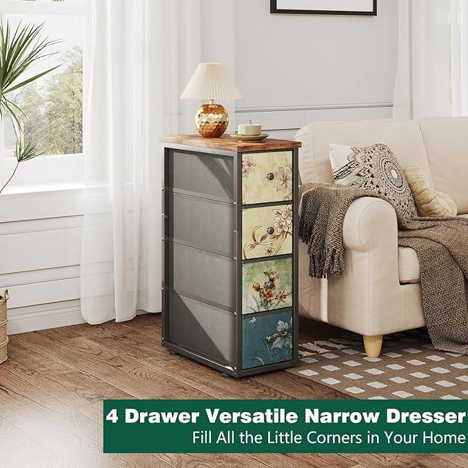 Narrow Dresser, Narrow Nightstand Dresser Storage Tower with 4 Drawers, Slim Fabric Dressers Chest of Drawers for Small Spaces, Retro Flower Dressers, for Bedroom Bathroom Laundry Closet, Vintage - ModernBath