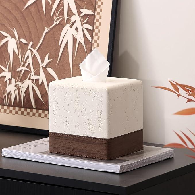 Haocoott Tissue Box Cover Square, Resin Facial Tissue Holder Covers Toilet Paper Holder Decorative Travertine Paper Dispenser Home Decor for Bathroom Bedroom Living Room Office - ModernBath