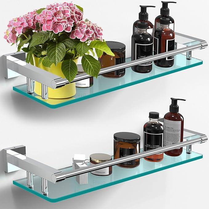 Glass Shelves for Bathroom, 20IN Rectangular Chrome Stainless Steel Tempered Glass Shelf Wall Mount Shelf Sink Over Toilet Modern Bathroom (Chrome Polished, 20‘’) - ModernBath