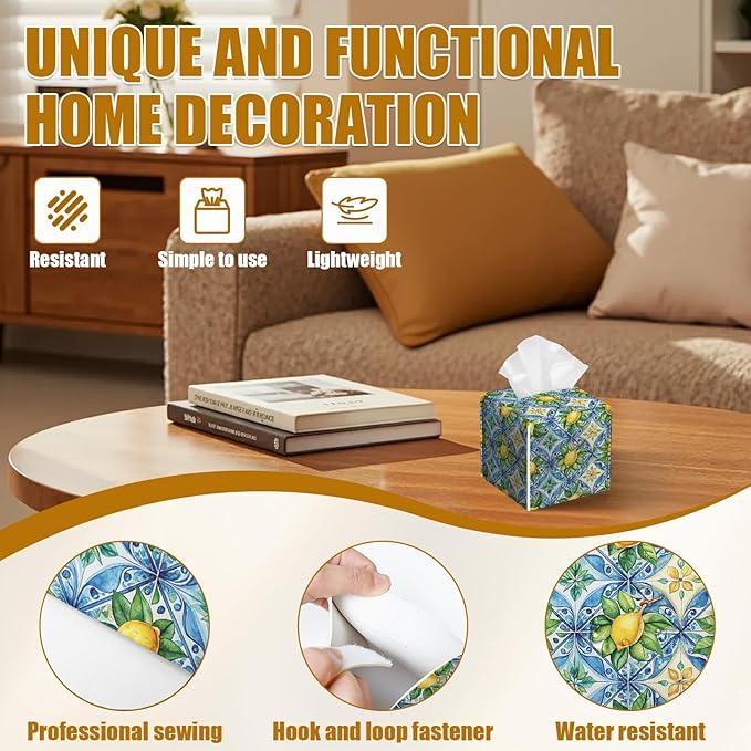 Watercolor Lemon Tissue Box Cover 2PCS, Blue Tile Leather Tissue Box Holder Square Facial Paper Case Tissue Box Cube Organizer for Bathroom Bedroom Desk Office - ModernBath