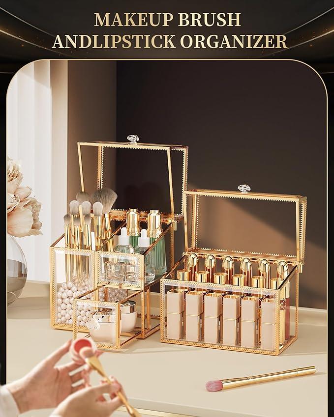 CoralHouse Glass Makeup Organizer Set – Vanity Organizer with 18-Slot Lipstick Organizer & Makeup Brush Holder with Lid – Skincare, Perfume & Cosmetic Storage for Bathroom or Dresser - ModernBath