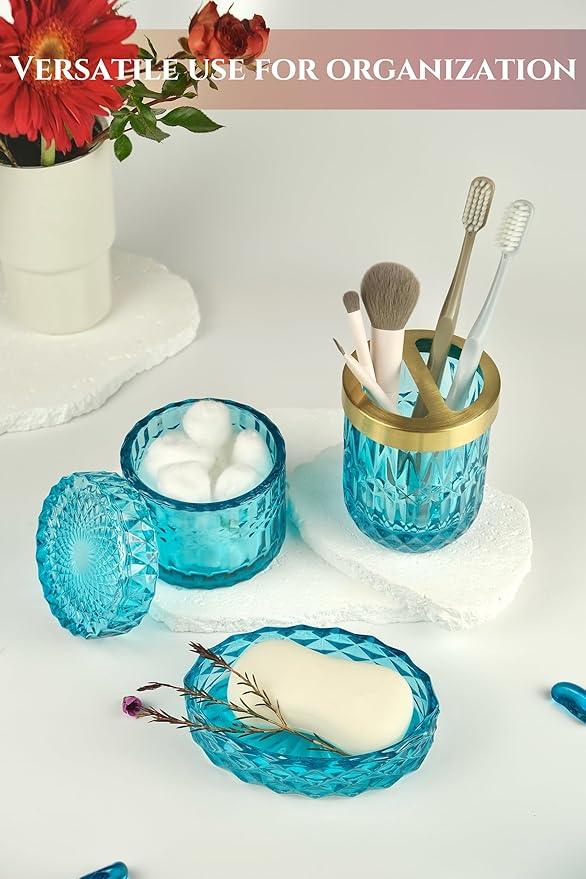 LaMarriti Teal Blue Bathroom Accessories Set, 5Pcs Clear Glass Bathroom Accessories, Hand Soap Dispenser Set, Soap Dish, Toothbrush Holder, Tumbler, Qtip Holder for Crystal Vantage Bathroom Decor - ModernBath