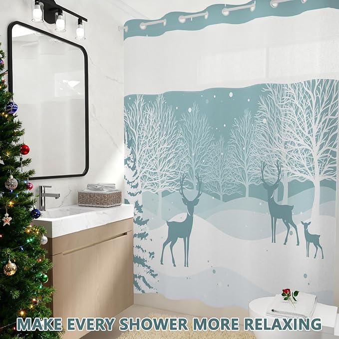 TQUQOBU No Hook Reindeer Christmas Shower Curtain with Snap in Liner, Waterproof Winter Shower Curtain with Sheer Top Window, Snowy Forest Holiday Shower Curtains for Bathroom, 71x74 Inches - ModernBath
