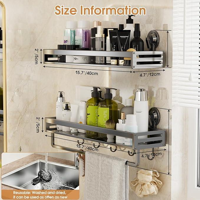 CIBOTIES Shower Caddy Suction Cup, 15.8 inch 2 Pack Suction Shower Shelf with Hooks NO-Drilling Bathroom Holder, Rustproof Bathroom Organizer, Includes 2 Extra Suction Cups, Dark Grey - ModernBath