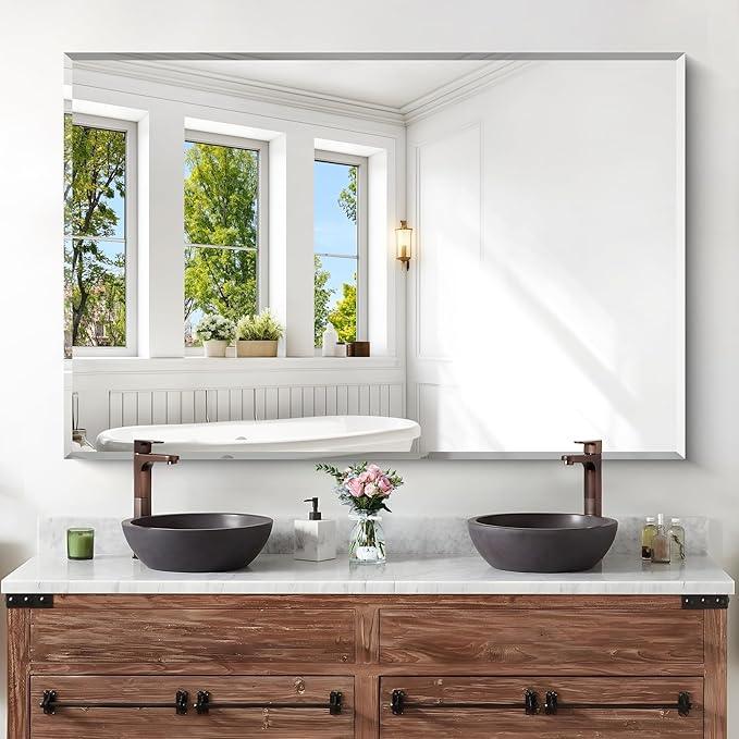 KOCUUY Beveled Mirror, 55x36 Inch Large Frameless Bathroom Mirror for Over Sink, Upgraded Shatterproof Beveled Unframed Design Mirror for Bathroom, Bedroom, Hang Horizontal/Vertical - ModernBath