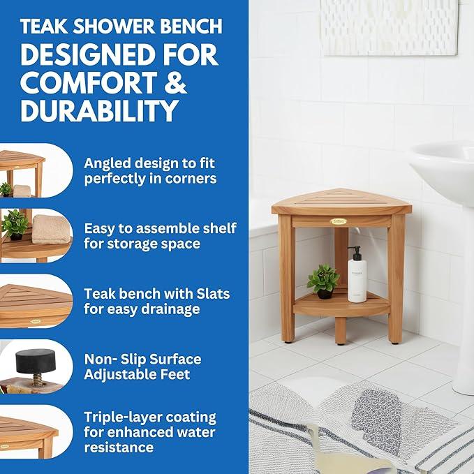 EcoDecors Snazzy Corner Waterproof Teak Wood Shower Bench Stool Seat Chair For Inside Shower Provides Safety, Storage, and Organization For Bathroom Accessories - ModernBath